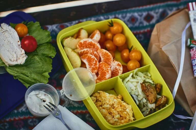 Plant-based school lunchbox with fruit and vegetables
