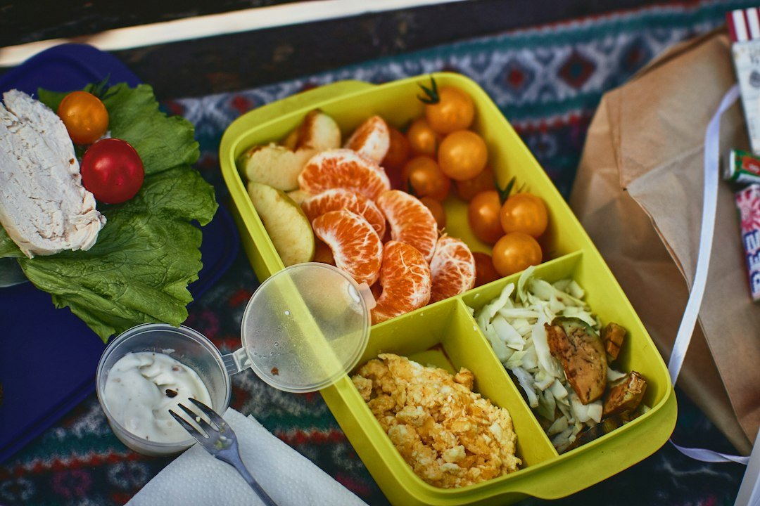 Plant-based school lunchbox with fruit and vegetables