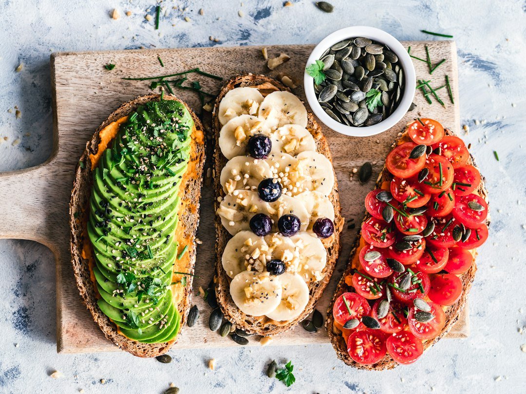 Plant-based breakfast with toast and fresh fruit